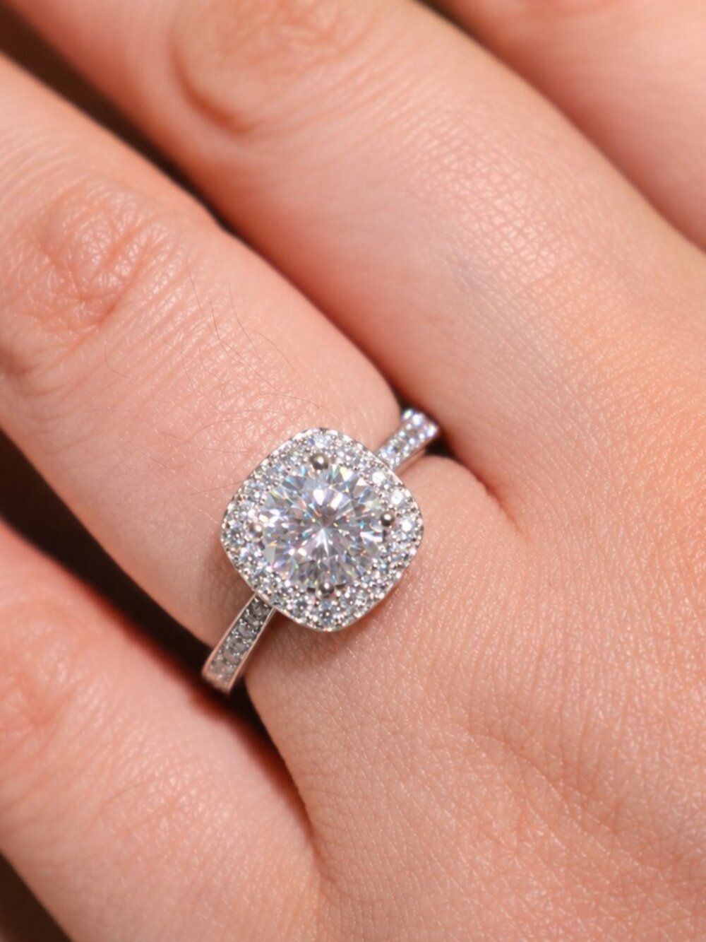 1CT Cushion Halo Moissanite Ring | 925 Sterling Silver Adjustable